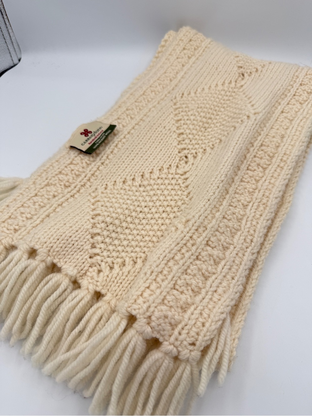 Carraig Donn Merino Wool Cable Knit Cream Scarf Coastal Fringe Fisherman Unisex